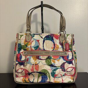 Coach Poppy Colorful Signature Canvas Hallie East/West Taupe Patent Leather Tote